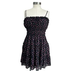 Trixxi Milkmaid Floral Smocked Mini Dress Black Ruffle Hem Cottagecore Sz M